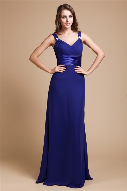 Sheath/Column V-neck Sleeveless Ruffles Long Chiffon Bridesmaid Dresses 3234