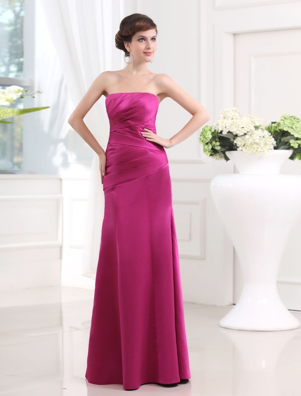 Sheath/Column Strapless Sleeveless Long Pleats Satin Bridesmaid Dresses 3124