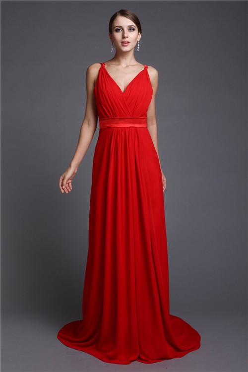 A-Line/Princess V-neck Sleeveless Long Ruffles Chiffon Bridesmaid Dresses 2842