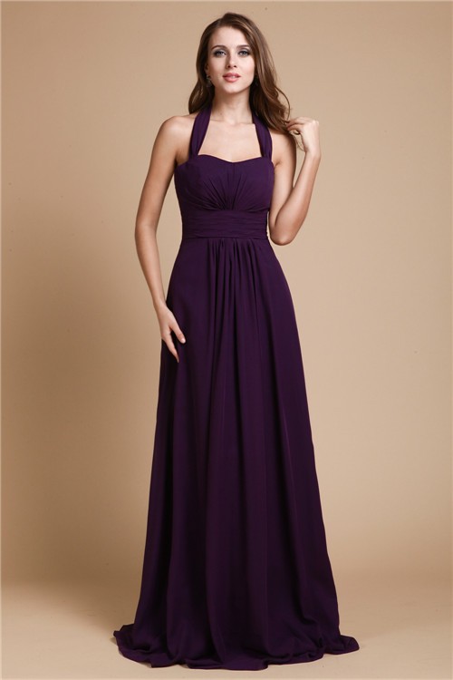 A-Line/Princess Halter Sleeveless Long Ruffles Chiffon Bridesmaid Dresses 2295