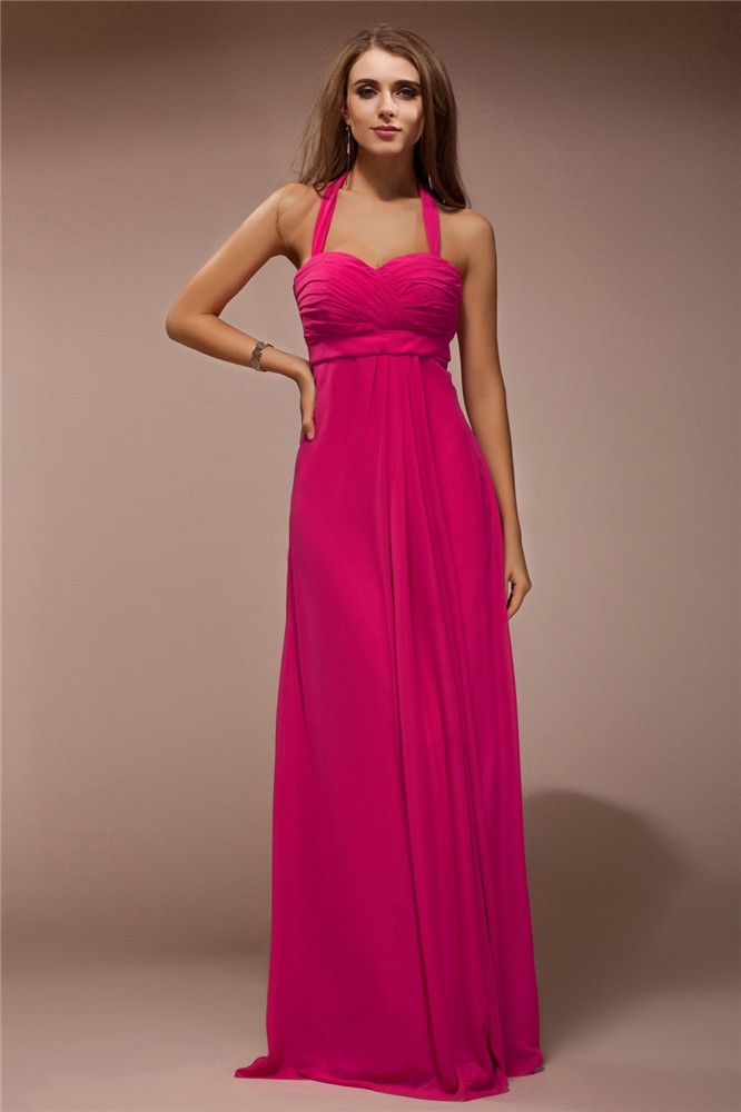 Sheath/Column Halter Sleeveless Long Ruffles Chiffon Bridesmaid Dresses 2947