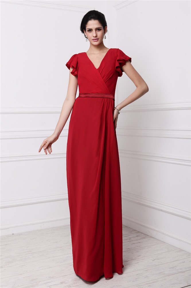 Sheath/Column V-neck Short Sleeves Pleats Long Chiffon Bridesmaid Dresses 3230