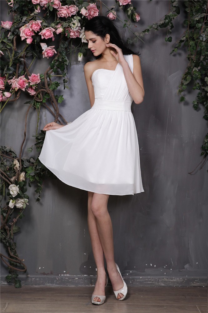 A-Line/Princess One-Shoulder Sleeveless Pleats Short Chiffon Bridesmaid Dresses 2411