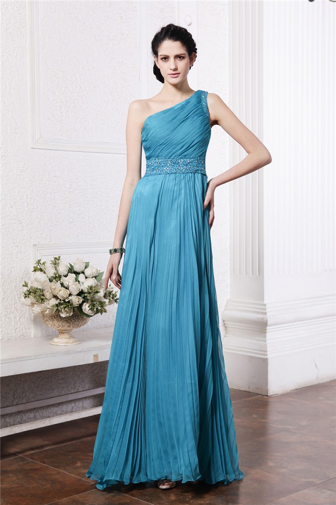 Sheath/Column One-Shoulder Sleeveless Beading Pleats Long Chiffon Bridesmaid Dresses 2995