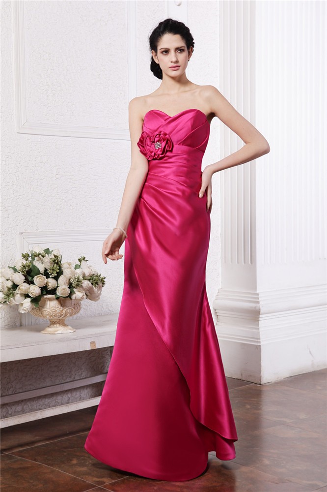 Sheath/Column Sweetheart Sleeveless Pleats Hand-Made Flower Long Elastic Woven Satin Bridesmaid Dresses 3217