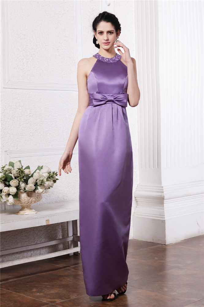 Sheath/Column Scoop Sleeveless Beading Bowknot Long Elastic Woven Satin Bridesmaid Dresses 3036