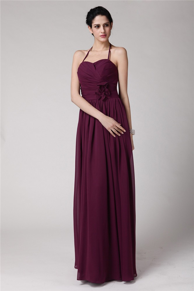 Sheath/Column Halter Sleeveless Hand-Made Flower Long Chiffon Bridesmaid Dresses 2946