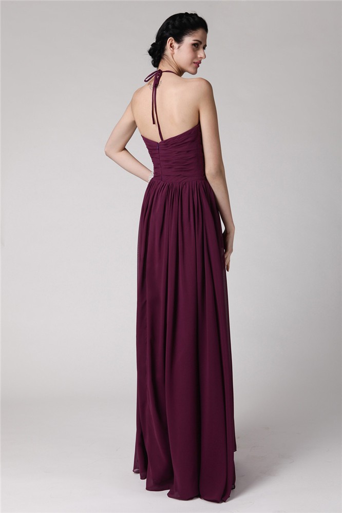 Sheath/Column Halter Sleeveless Hand-Made Flower Long Chiffon Bridesmaid Dresses 2946