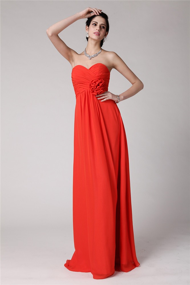 Sheath/Column Sweetheart Sleeveless Pleats Hand-Made Flower Long Chiffon Bridesmaid Dresses 3216