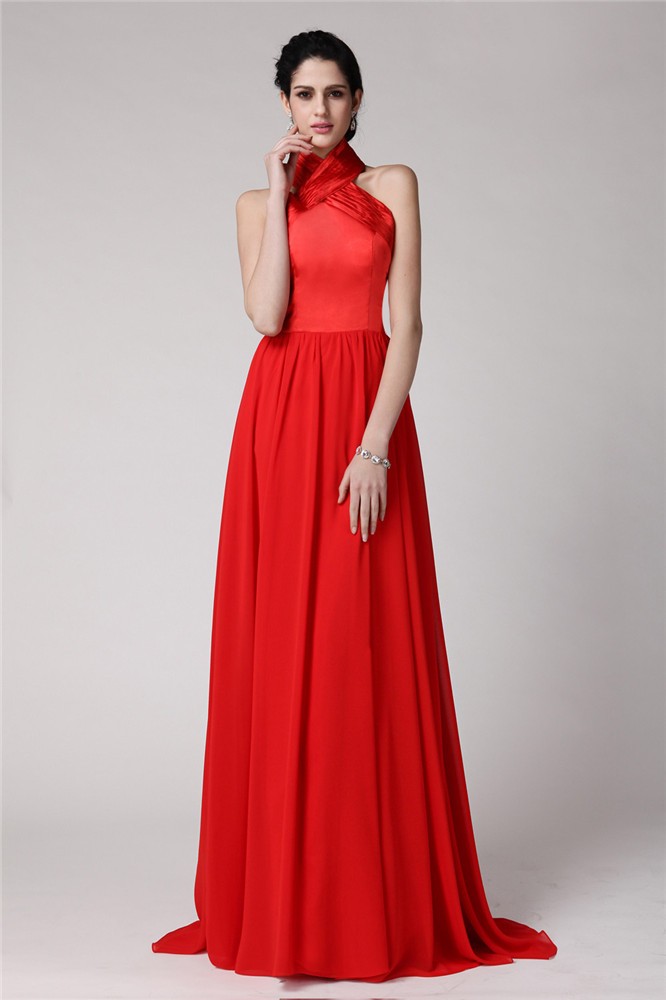 Sheath/Column Halter Sleeveless Pleats Long Elastic Woven Satin Chiffon Bridesmaid Dresses 2948