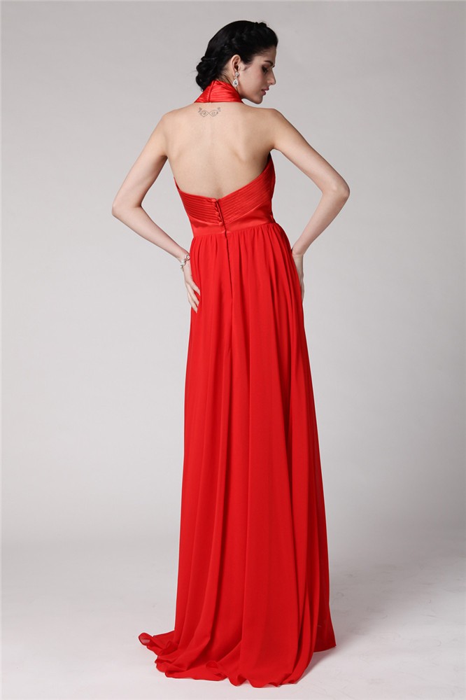 Sheath/Column Halter Sleeveless Pleats Long Elastic Woven Satin Chiffon Bridesmaid Dresses 2948