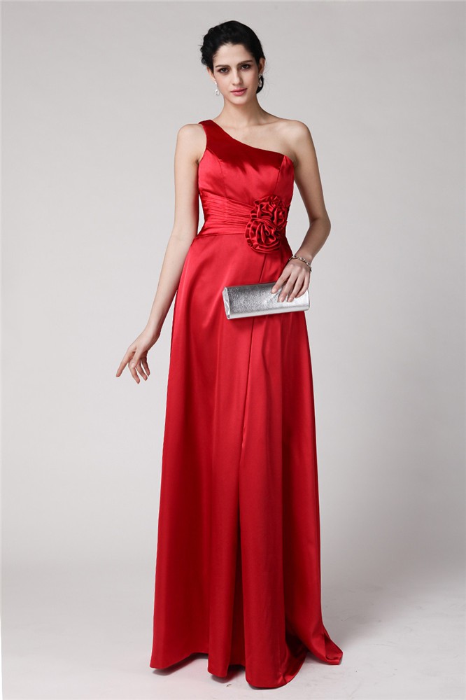 Sheath/Column One-Shoulder Sleeveless Pleats Hand-Made Flower Long Elastic Woven Satin Bridesmaid Dresses 3000