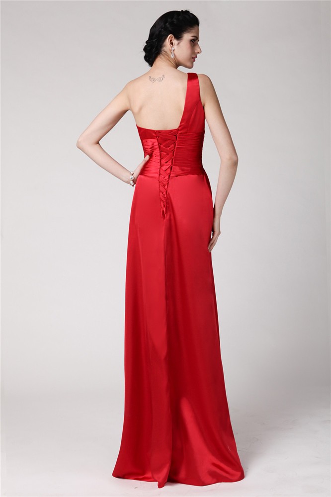 Sheath/Column One-Shoulder Sleeveless Pleats Hand-Made Flower Long Elastic Woven Satin Bridesmaid Dresses 3000