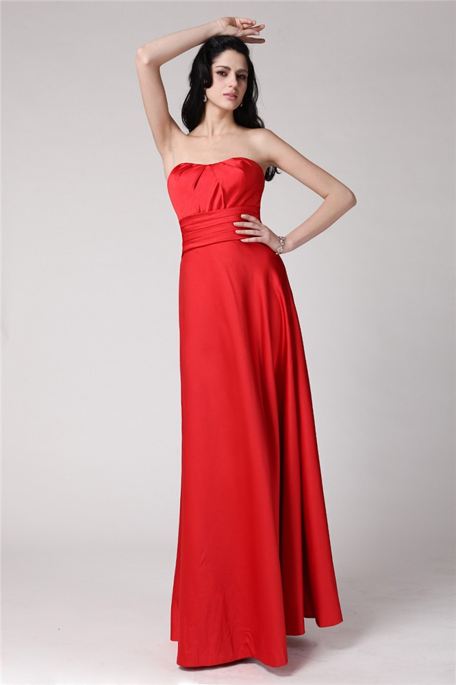 A-Line/Princess Strapless Sleeveless Pleats Long Elastic Woven Satin Bridesmaid Dresses 2608