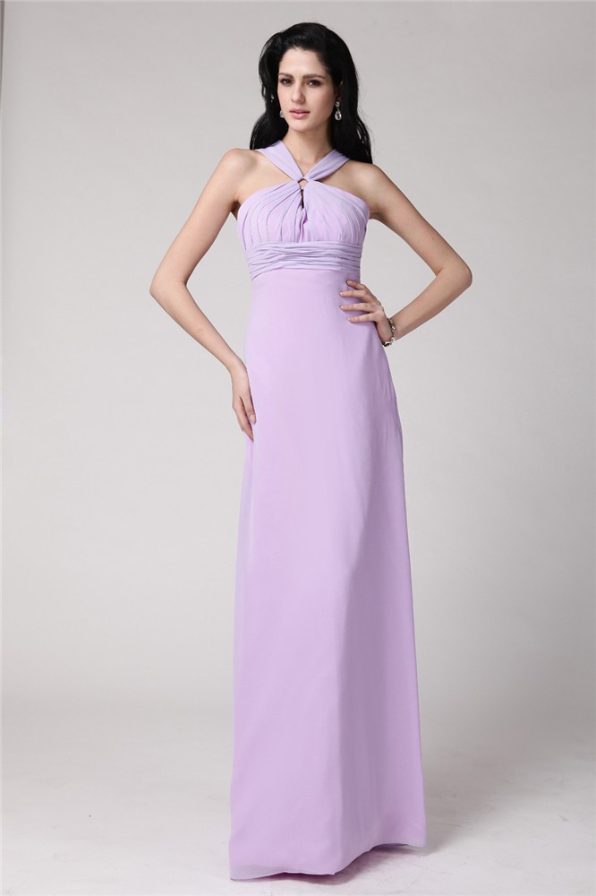 Sheath/Column High Neck Sleeveless Pleats Long Chiffon Bridesmaid Dresses 2951