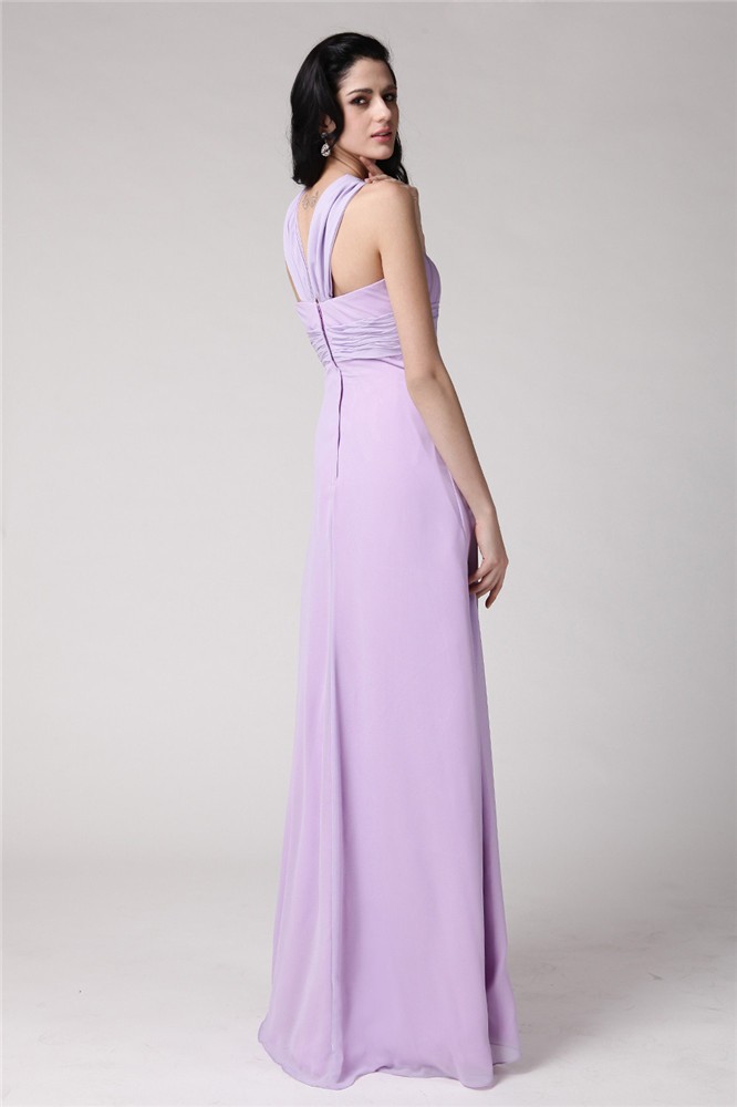 Sheath/Column High Neck Sleeveless Pleats Long Chiffon Bridesmaid Dresses 2951