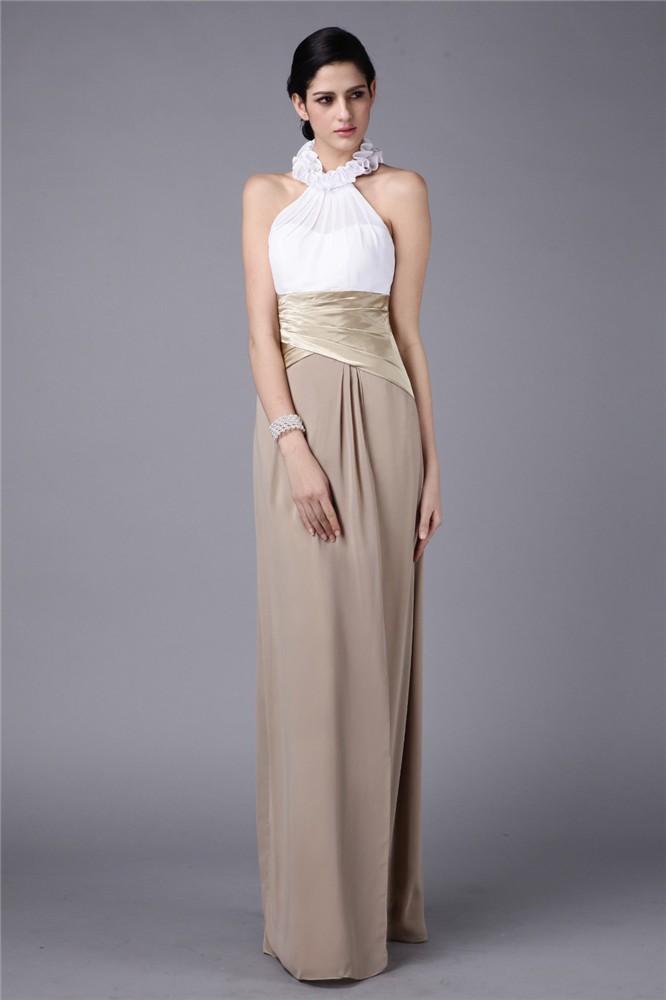 Sheath/Column High Neck Sleeveless Pleats Ruffles Long Elastic Woven Satin Chiffon Bridesmaid Dresses 2952