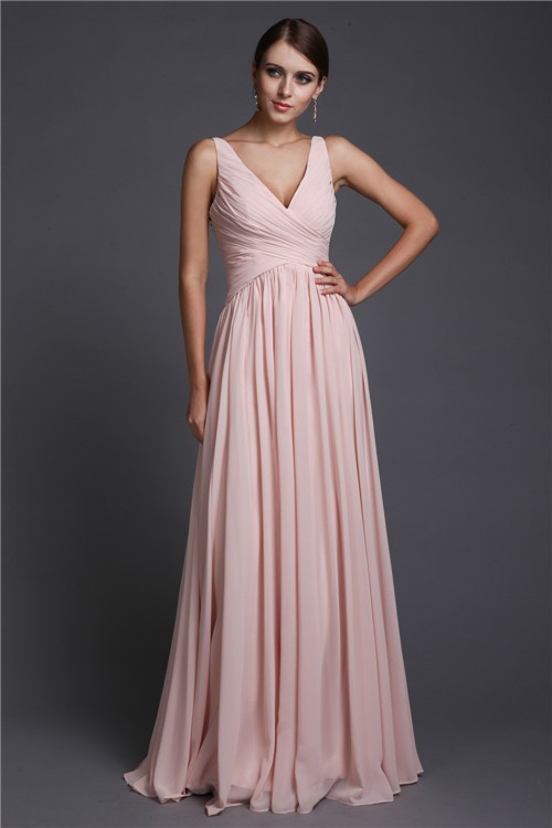 A-Line/Princess V-neck Sleeveless Long Ruffles Chiffon Bridesmaid Dresses 2843