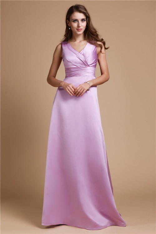 A-Line/Princess V-neck Long Sleeveless Satin Bridesmaid Dresses 2796