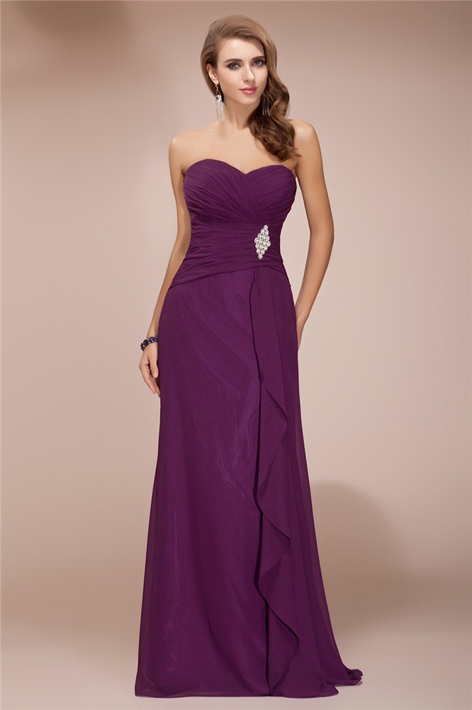 Sheath/Column Sweetheart Sleeveless Long Beading Ruffles Chiffon Bridesmaid Dresses 3211