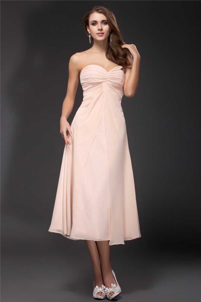 Sheath/Column Sweetheart Ruffles Sleeveless Tea Length Chiffon Bridesmaid Dresses 3205