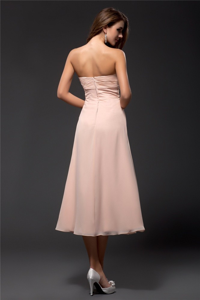 Sheath/Column Sweetheart Ruffles Sleeveless Tea Length Chiffon Bridesmaid Dresses 3205