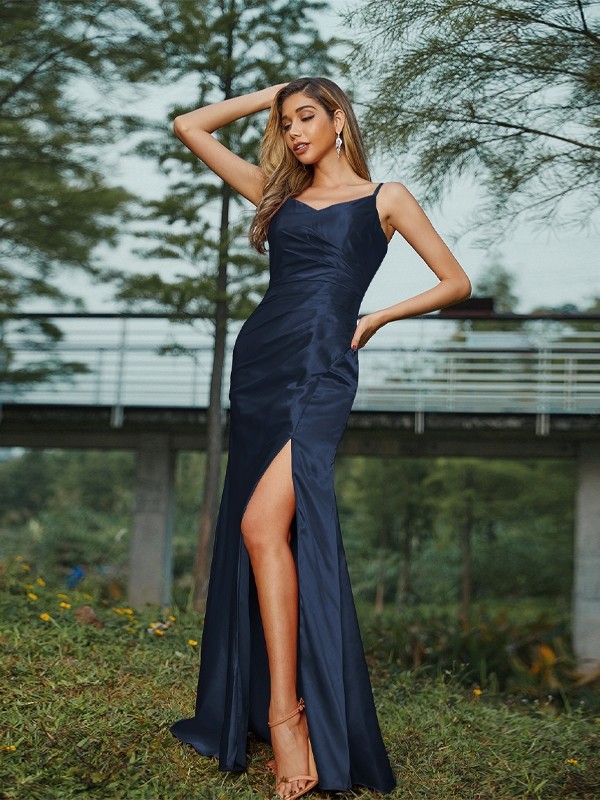 Sheath/Column Silk like Satin Ruched V-neck Sleeveless Floor-Length Bridesmaid Dresses 3083