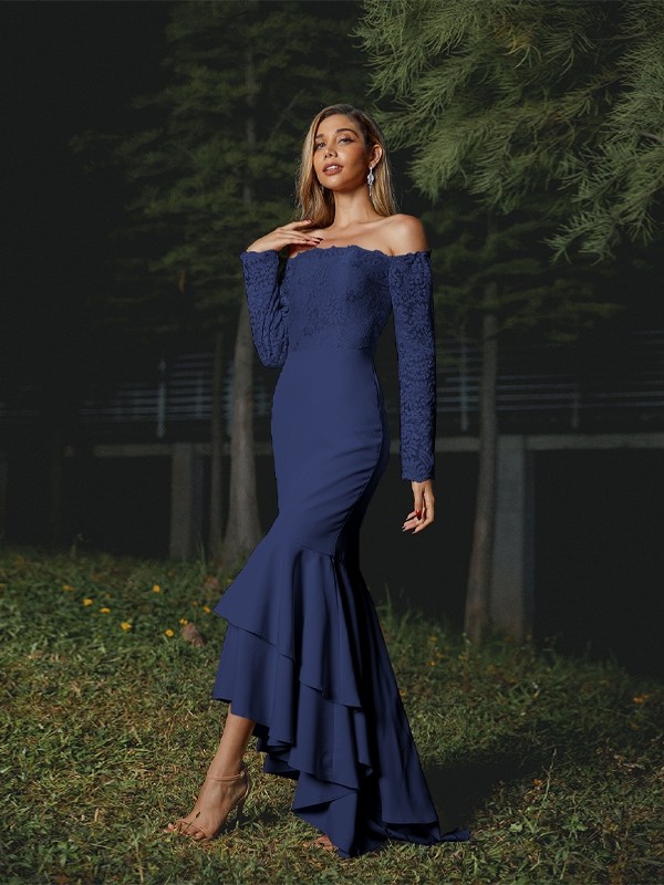 Trumpet/Mermaid Stretch Crepe Lace Off-the-Shoulder Long Sleeves Asymmetrical Bridesmaid Dresses 3284