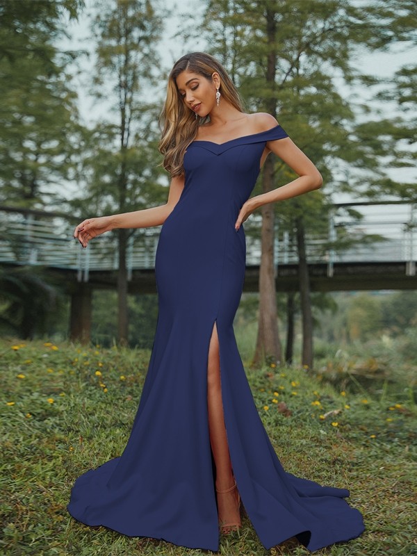 Sheath/Column Stretch Crepe Ruched Off-the-Shoulder Sleeveless Sweep/Brush Train Bridesmaid Dresses 3158