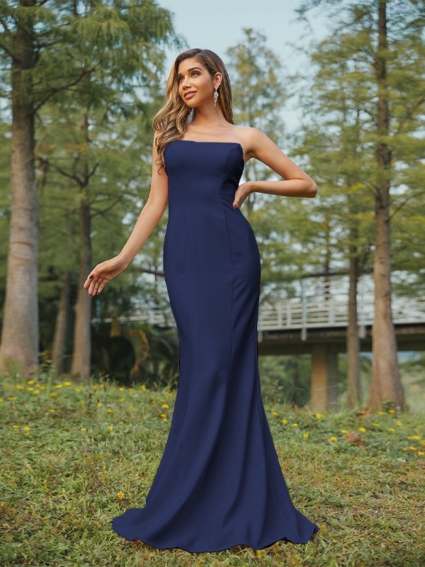 Sheath/Column Stretch Crepe Ruched Strapless Sleeveless Sweep/Brush Train Bridesmaid Dresses 3178