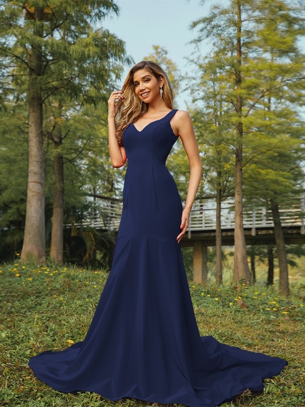 Sheath/Column Stretch Crepe Ruffles V-neck Sleeveless Sweep/Brush Train Bridesmaid Dresses 3196