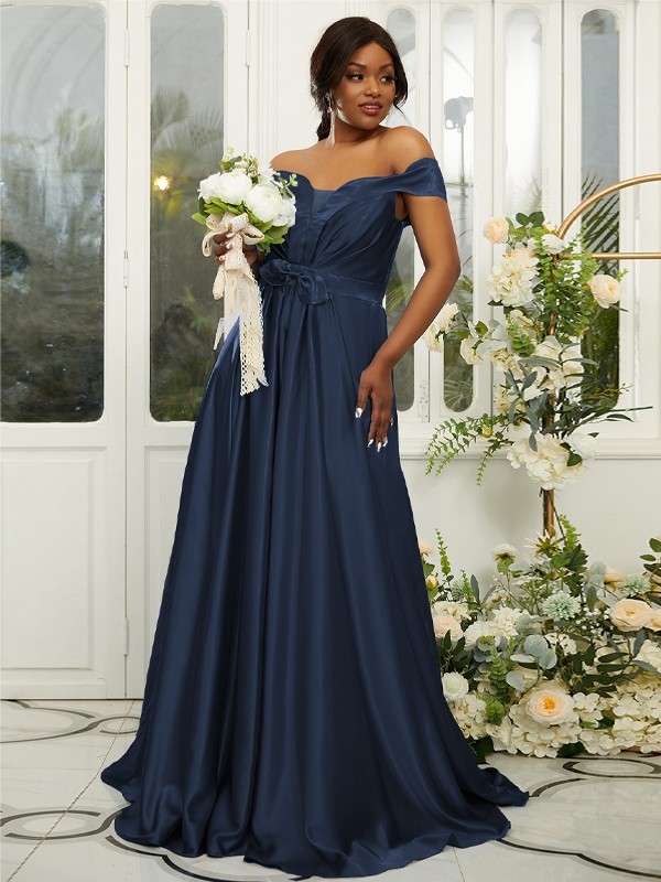 A-Line/Princess Silk like Satin Ruffles Off-the-Shoulder Sleeveless Sweep/Brush Train Bridesmaid Dresses 2482