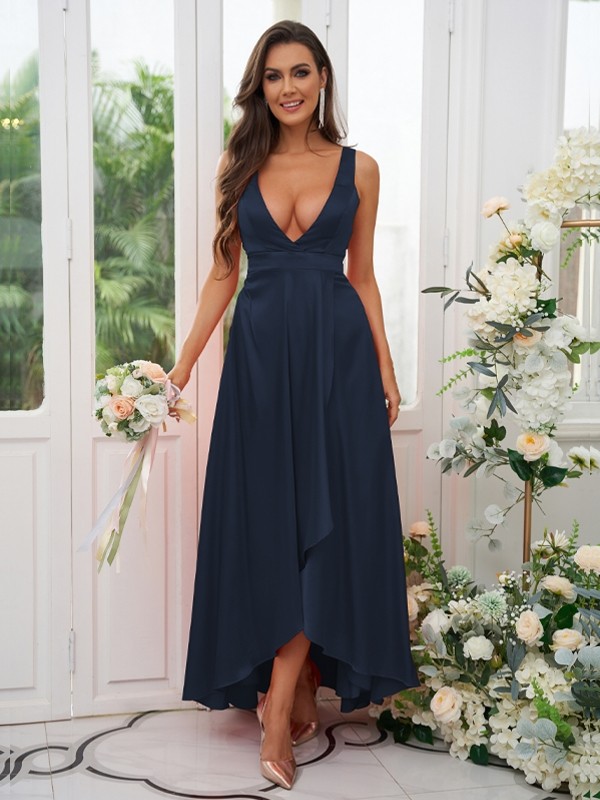 A-Line/Princess Silk like Satin Ruffles V-neck Sleeveless Ankle-Length Bridesmaid Dresses 2489