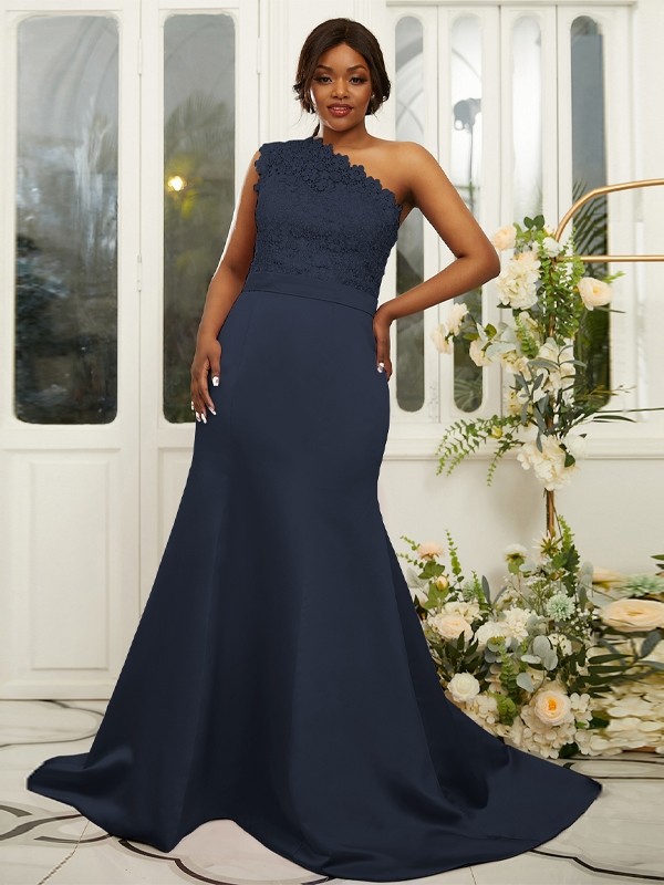 Sheath/Column Satin Lace One-Shoulder Sleeveless Sweep/Brush Train Bridesmaid Dresses 3017