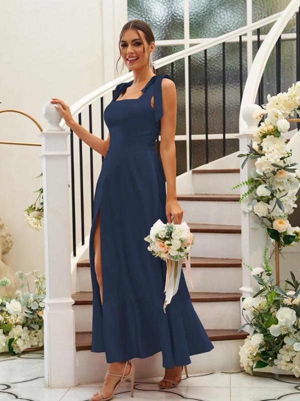 A-Line/Princess Silk like Satin Ruffles Straps Sleeveless Ankle-Length Bridesmaid Dresses 2486