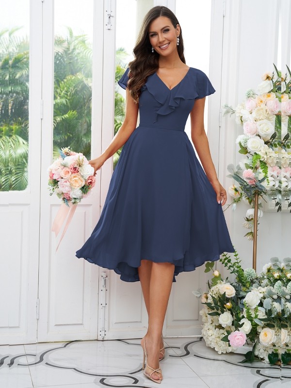 A-Line/Princess Chiffon Ruffles V-neck Short Sleeves Asymmetrical Bridesmaid Dresses 2221