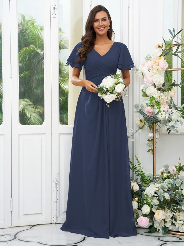 A-Line/Princess Chiffon Ruffles V-neck Short Sleeves Floor-Length Bridesmaid Dresses 2225