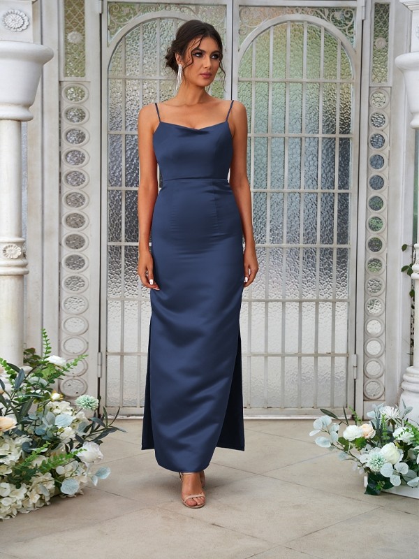 Sheath/Column Satin Ruched Spaghetti Straps Sleeveless Ankle-Length Bridesmaid Dresses 3025