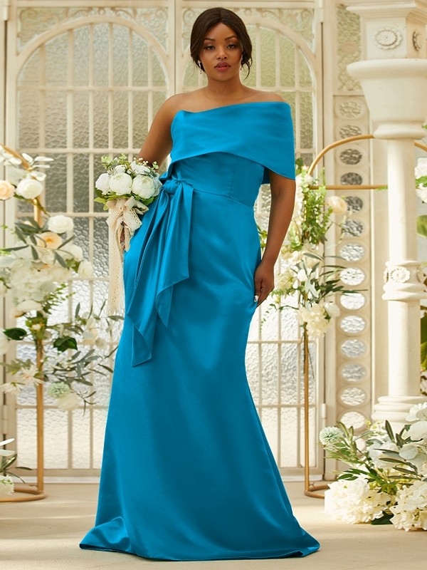 Sheath/Column Satin Ruched One-Shoulder Sleeveless Sweep/Brush Train Bridesmaid Dresses 3022