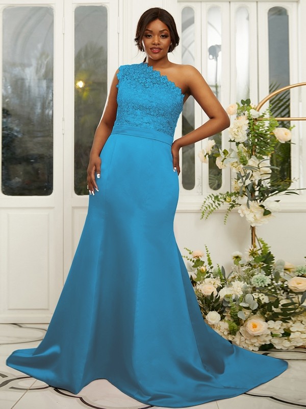 Sheath/Column Satin Lace One-Shoulder Sleeveless Sweep/Brush Train Bridesmaid Dresses 3017