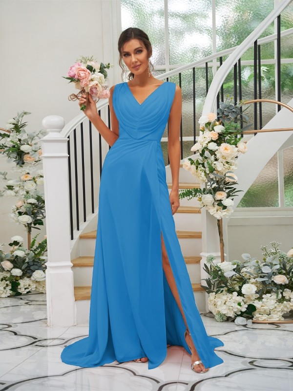 A-Line/Princess Chiffon Ruched V-neck Sleeveless Sweep/Brush Train Bridesmaid Dresses 2188