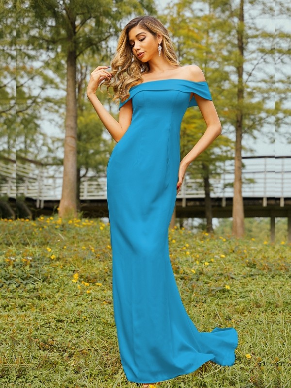 Sheath/Column Jersey Ruched Off-the-Shoulder Sleeveless Sweep/Brush Train Bridesmaid Dresses 2958