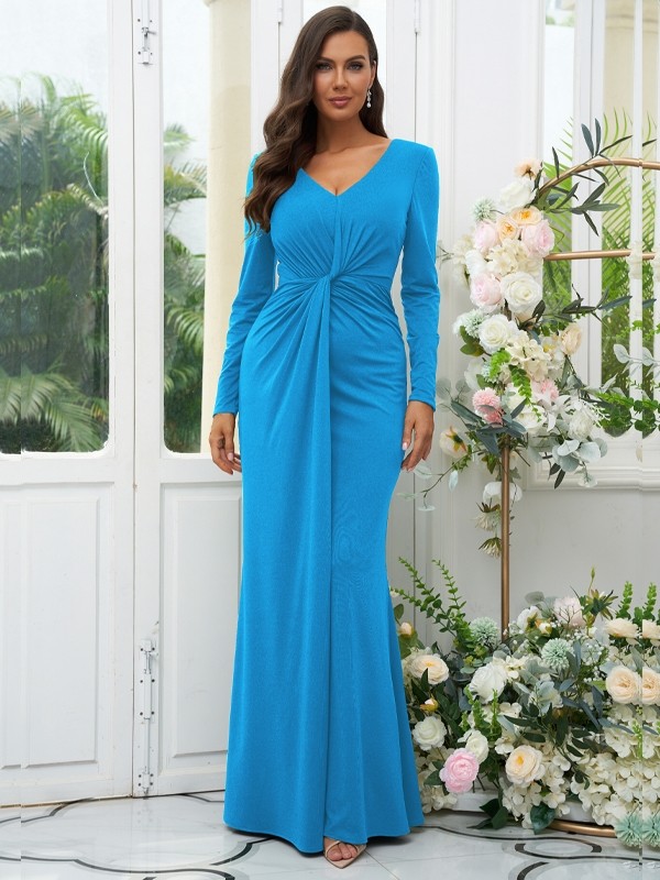 Sheath/Column Jersey Ruched V-neck Long Sleeves Floor-Length Bridesmaid Dresses 2966