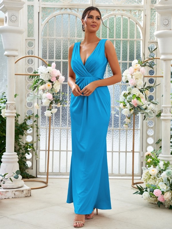 Sheath/Column Jersey Ruched V-neck Sleeveless Floor-Length Bridesmaid Dresses 2967