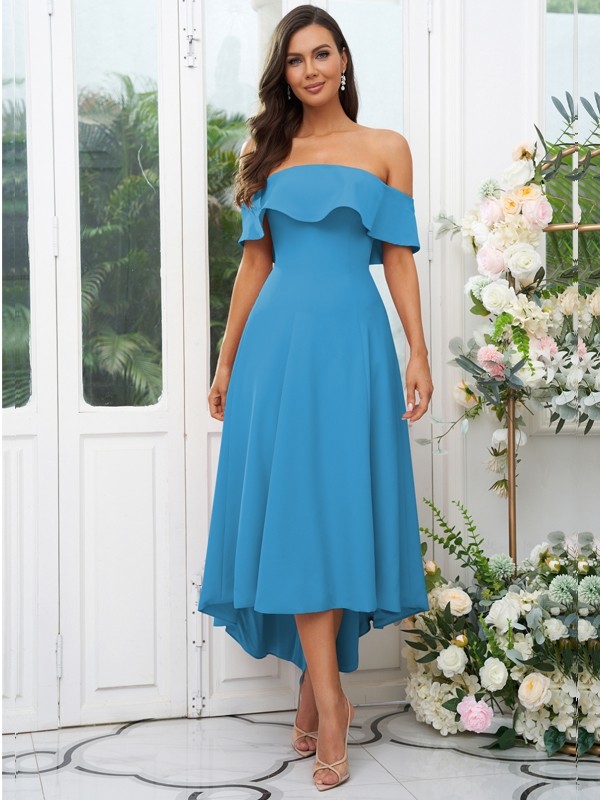 A-Line/Princess Stretch Crepe Ruffles Off-the-Shoulder Sleeveless Asymmetrical Bridesmaid Dresses 2662