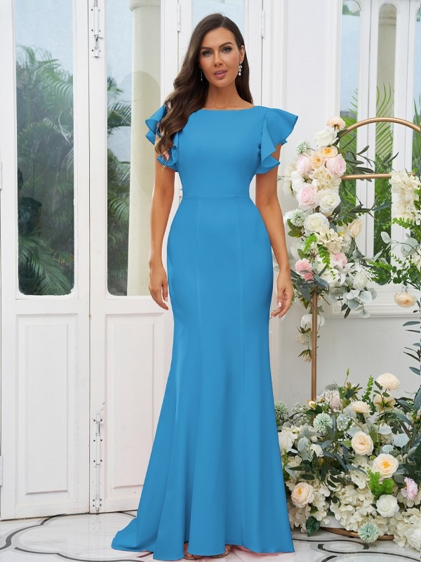 Sheath/Column Stretch Crepe Ruffles Scoop Short Sleeves Sweep/Brush Train Bridesmaid Dresses 3193