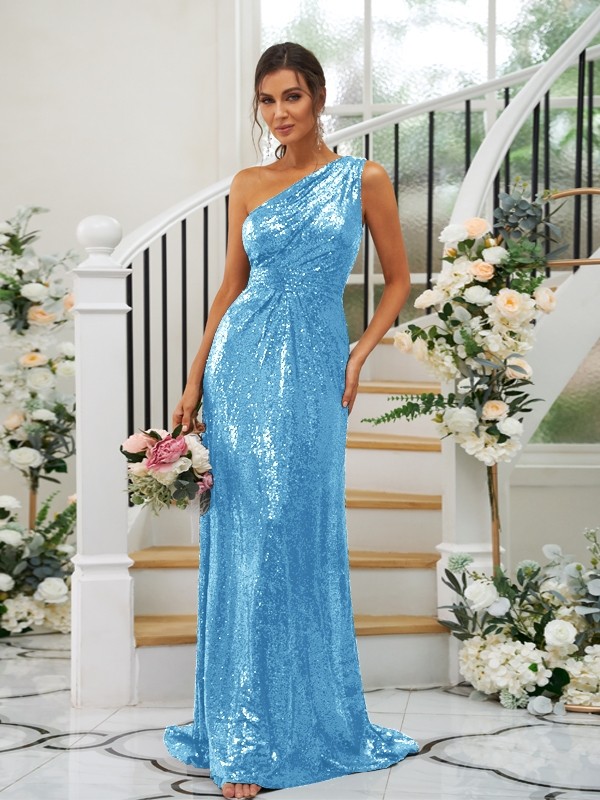 Sheath/Column Sequins Ruched One-Shoulder Sleeveless Sweep/Brush Train Bridesmaid Dresses 3042