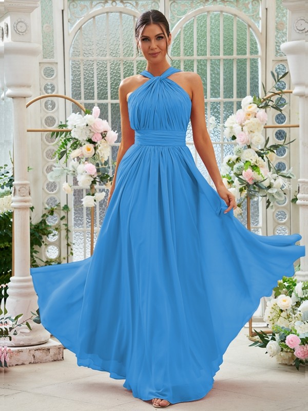 A-Line/Princess Chiffon Ruched Halter Sleeveless Floor-Length Bridesmaid Dresses 2154