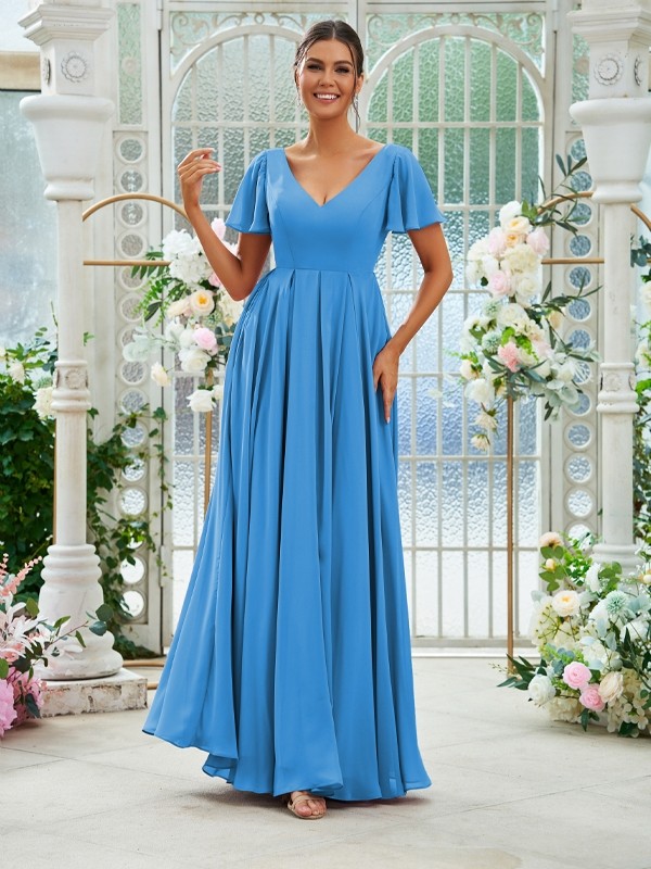 A-Line/Princess Chiffon Ruffles V-neck Short Sleeves Floor-Length Bridesmaid Dresses 2226