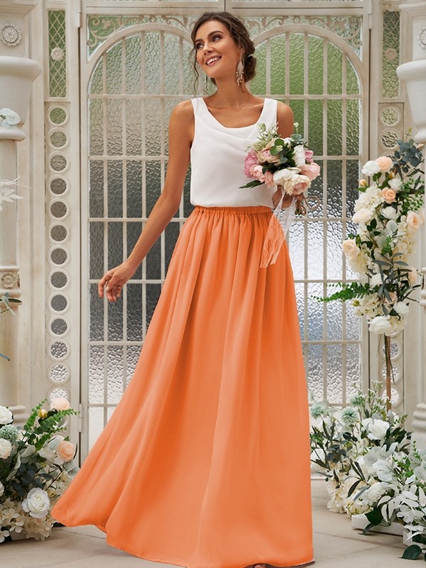 A-Line/Princess Chiffon Ruffles Scoop Sleeveless Floor-Length Two Piece Bridesmaid Dresses 2210